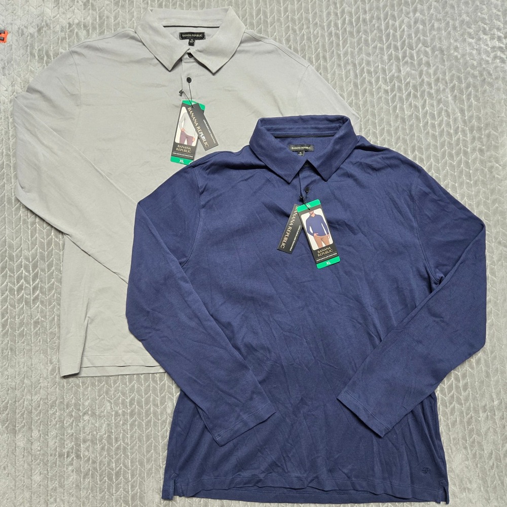 2 Banana Republic Mens Luxe Touch Long Sleeve Polo Shirt XL Navy Grey 1719897